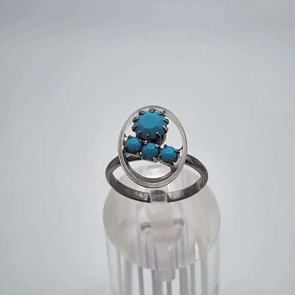 Vintage Ram-Zor Turquoise Rhinestone Silver Tone Adjustable Ring